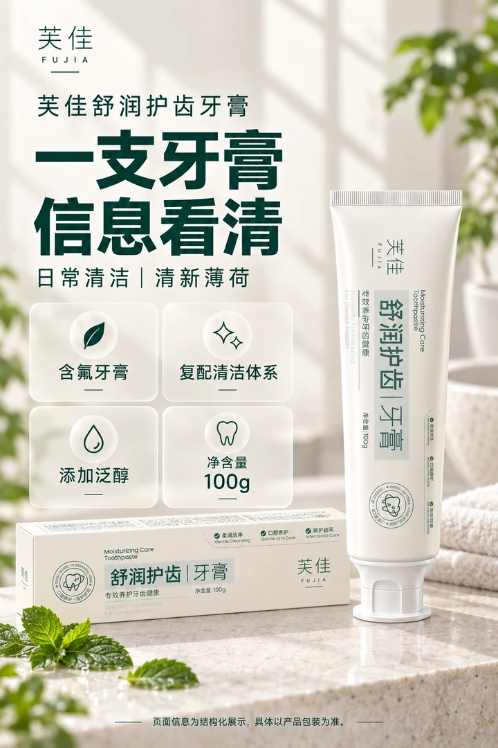 芙佳舒润护齿牙膏产品信息与日常清洁场景图