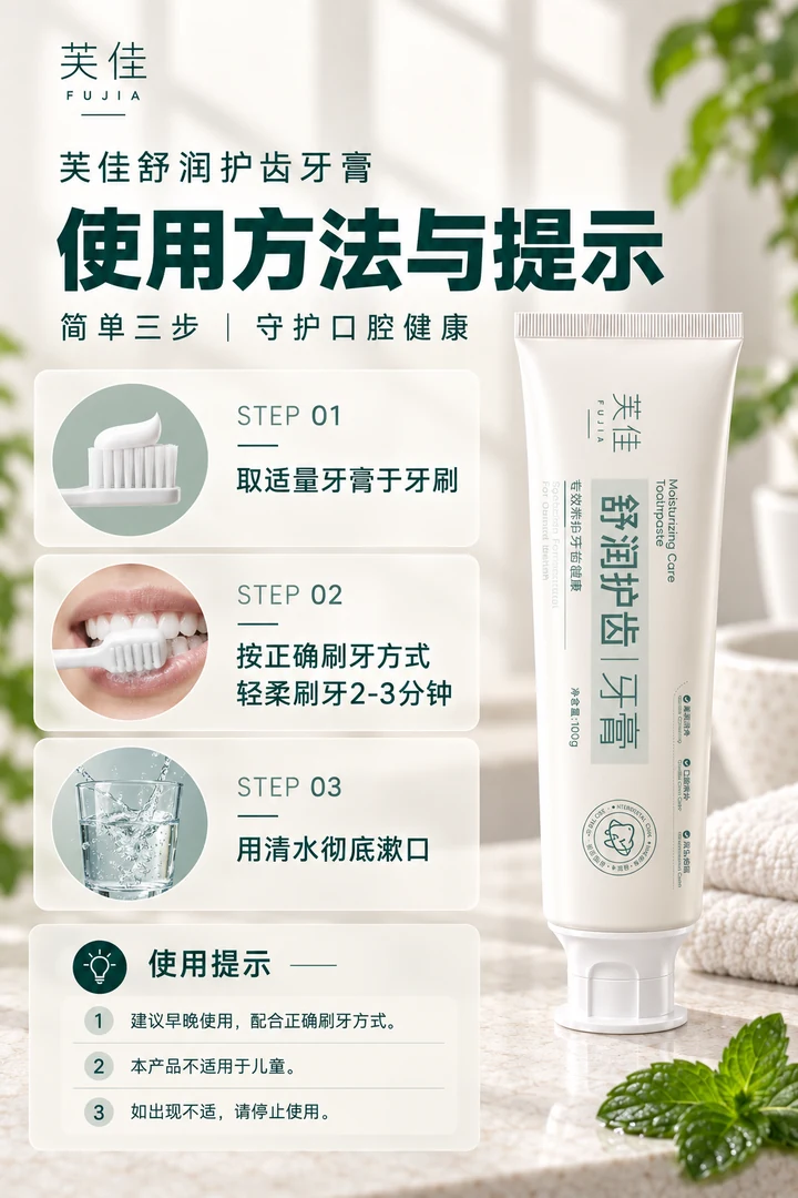 芙佳舒润护齿牙膏三步使用方法图