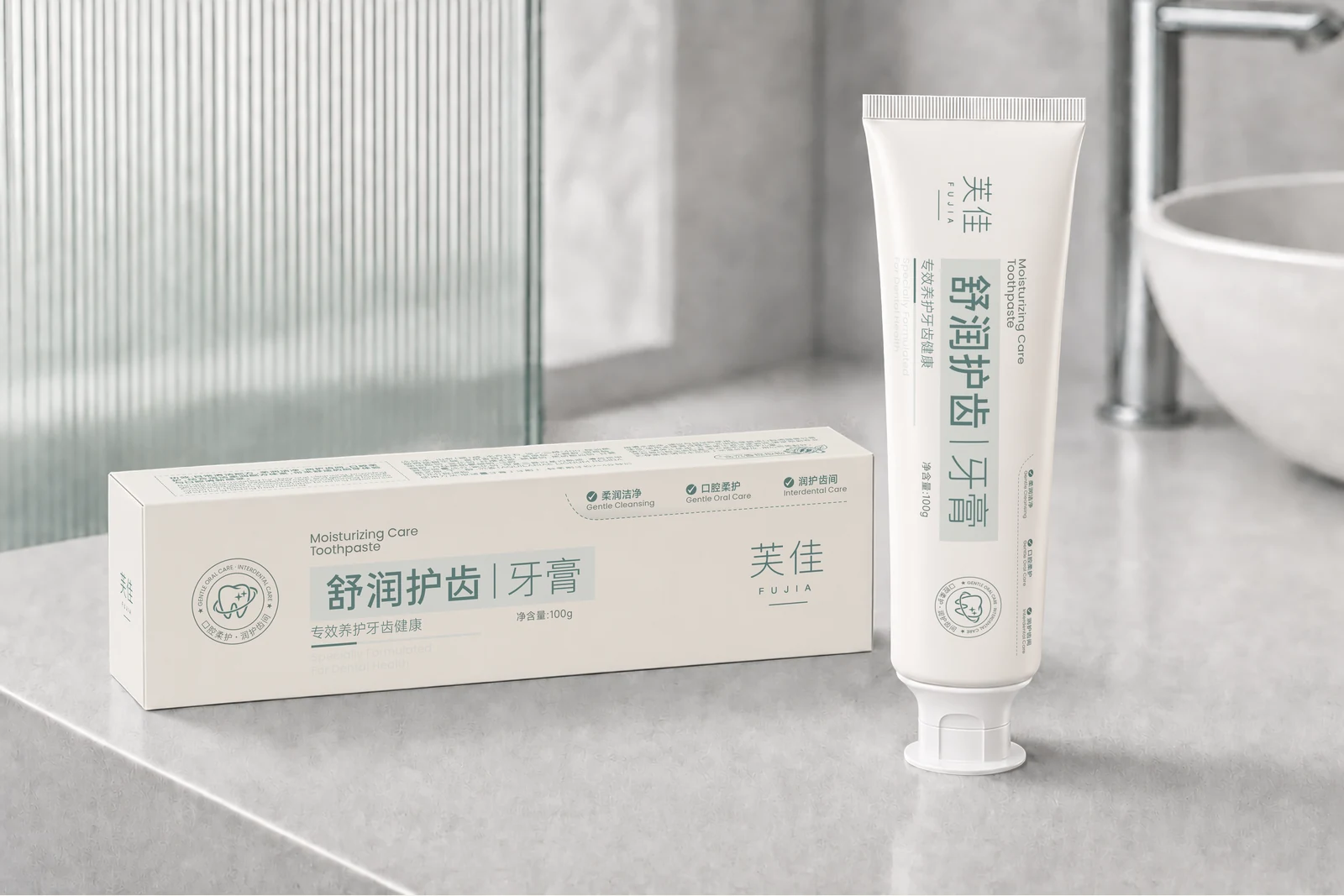芙佳舒润护齿牙膏与包装在洗手台场景中陈列